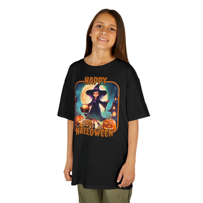 Happy Halloween Little Witch Orange font Kids Heavy Cotton™ Tee by CreepyCrafts.boo