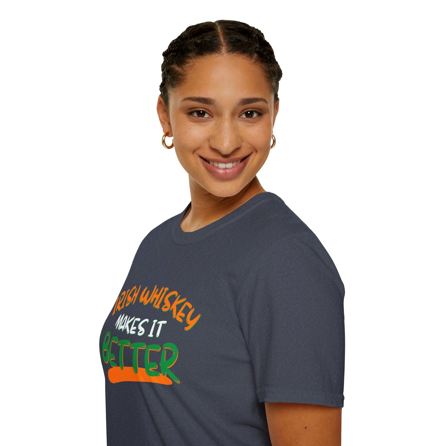 Irish Whiskey makes it better Orange, White, and Green font Dark colors Unisex T-Shirt by cypherpunkgear.com