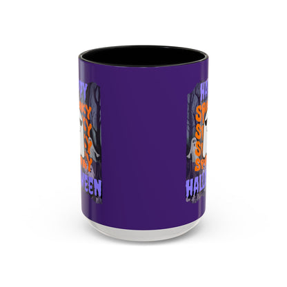 Spooky Happy Halloween Ghost Purple font Purple Accent Mug by CreepyCrafts.boo