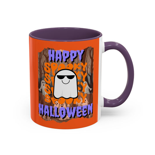 Spooky Happy Halloween Ghost Purple font Orange Accent Mug by CreepyCrafts.boo
