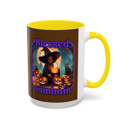 Blessed Samhain Cute Witch Purple font Brown Accent Mug by CreepyCrafts.boo