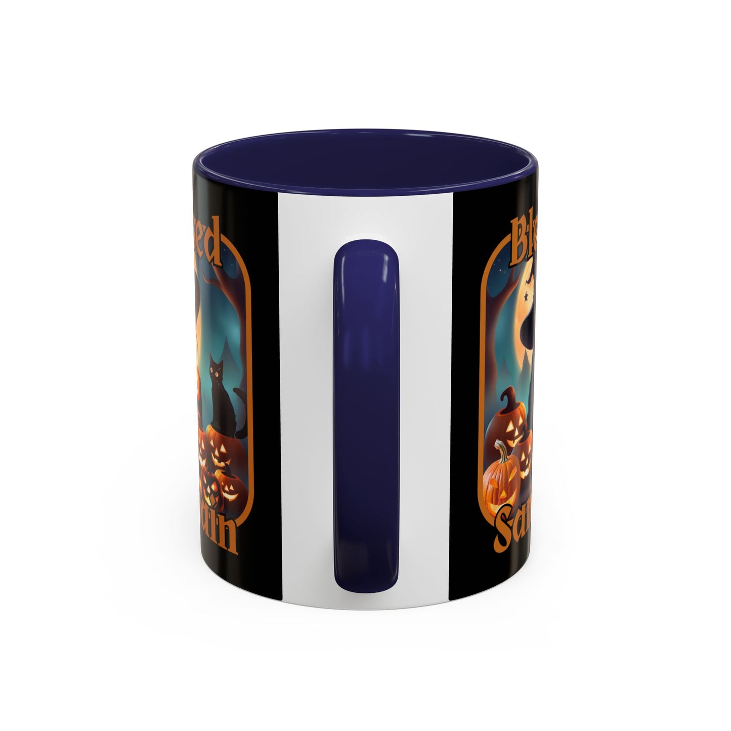 Blessed Samhain Cute Witch Orange font Black Accent Mug by CreepyCrafts.boo