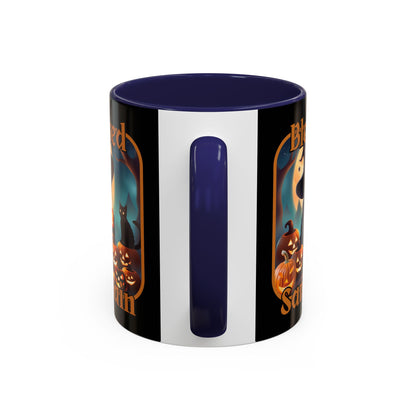 Blessed Samhain Cute Witch Orange font Black Accent Mug by CreepyCrafts.boo