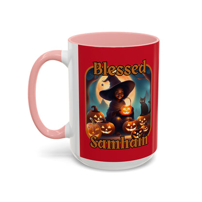 Blessed Samhain Cute Witch Orange font Red Accent Mug by CreepyCrafts.boo