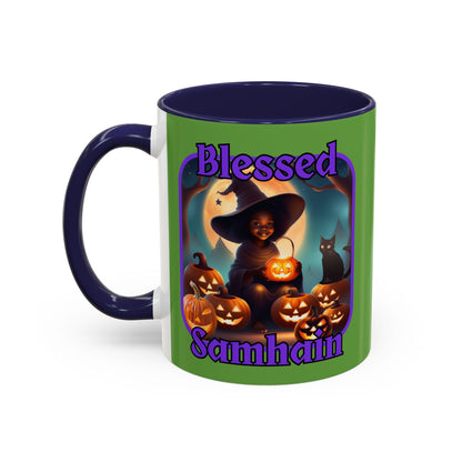 Blessed Samhain Cute Witch Purple font Green Accent Mug by CreepyCrafts.boo