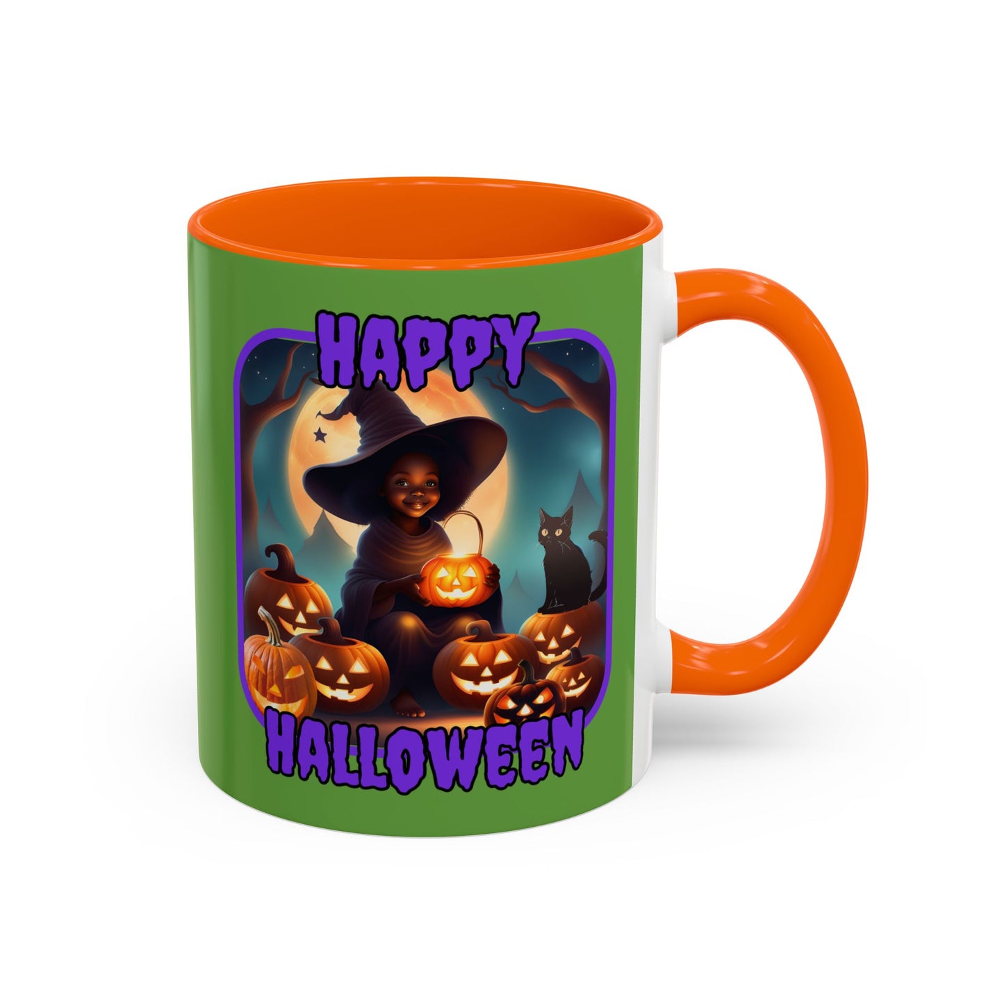 Happy Halloween Cute Witch Purple font Green Accent Mug by CreepyCrafts.boo