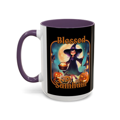 Blessed Samhain Little Witch Orange font Black Accent Mug by CreepyCrafts.boo