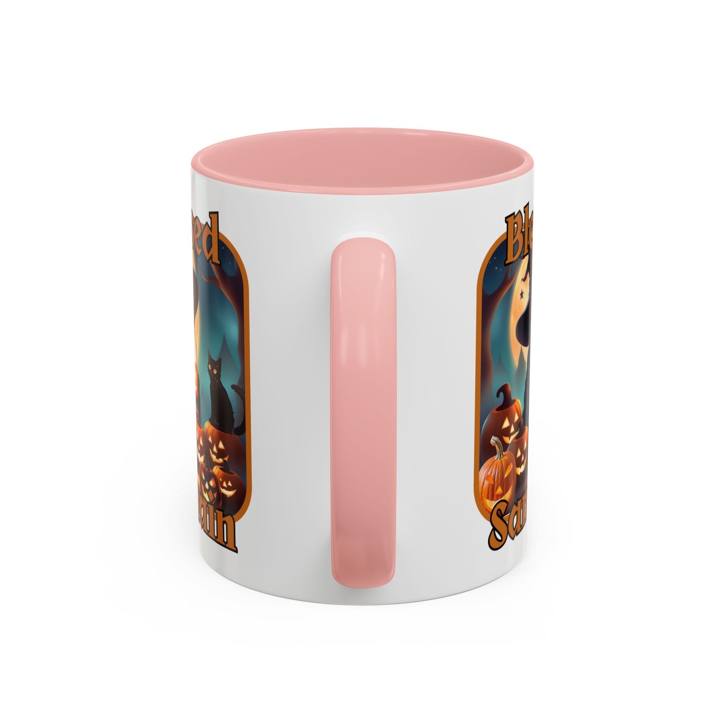 Blessed Samhain Cute Witch Orange font White Accent Mug by CreepyCrafts.boo
