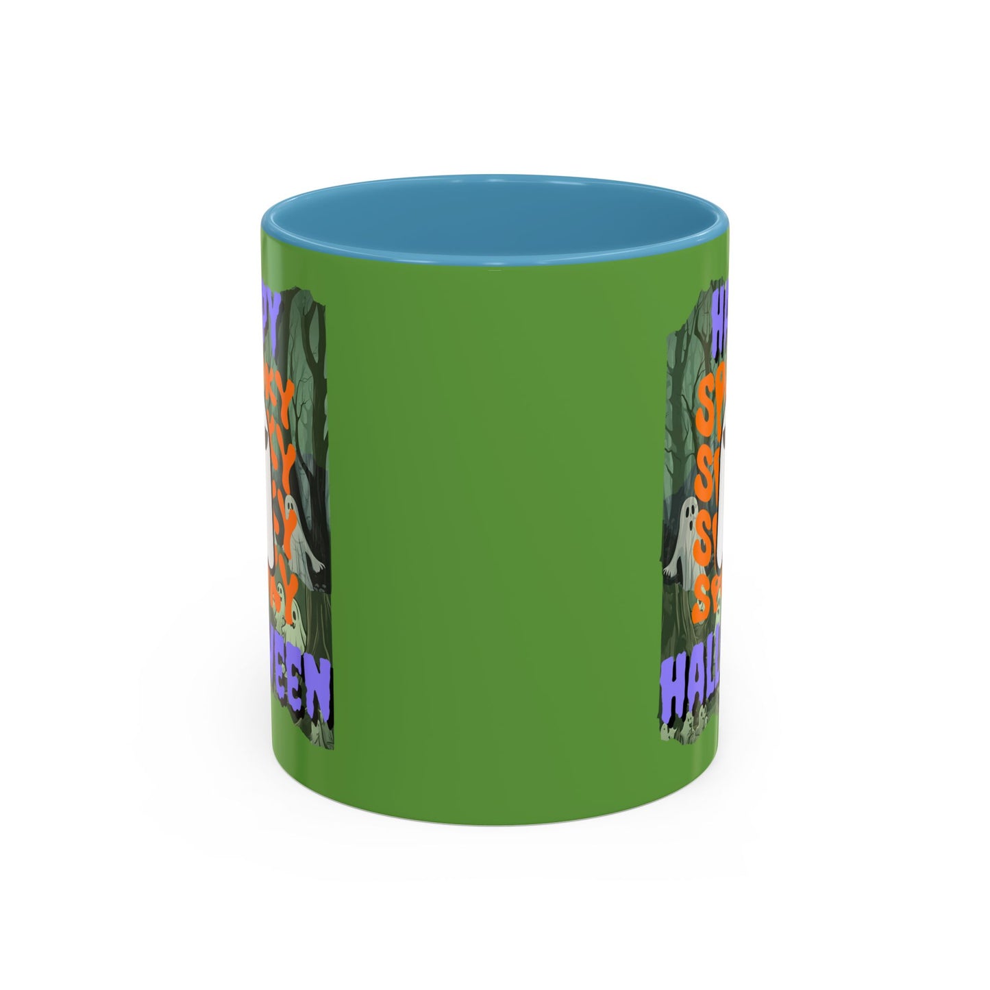 Spooky Happy Halloween Ghost Purple font Green Accent Mug by CreepyCrafts.boo