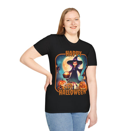 Happy Halloween Little Witch Orange font, Dark colors, Unisex T-Shirt by CreepyCrafts.boo