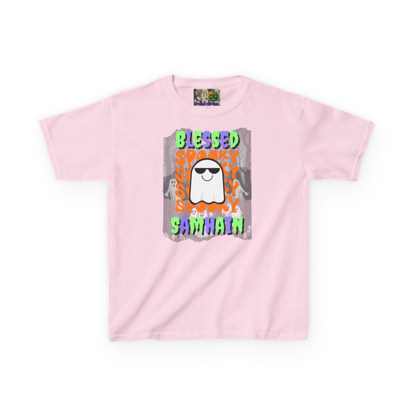 Spooky Blessed Samhain Ghost Mixed font Kids Heavy Cotton™ Tee by CreepyCrafts.boo
