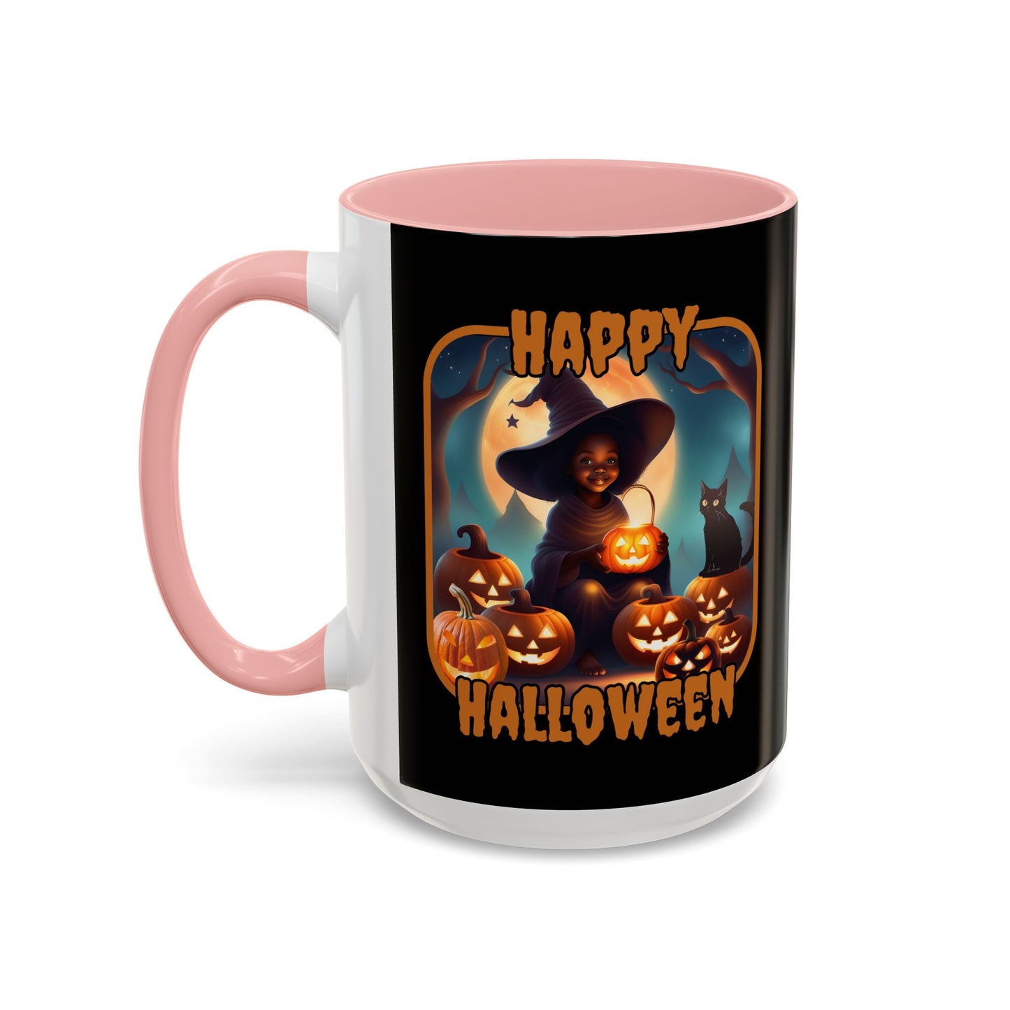 Happy Halloween Cute Witch Orange font Black Accent Mug by CreepyCrafts.boo