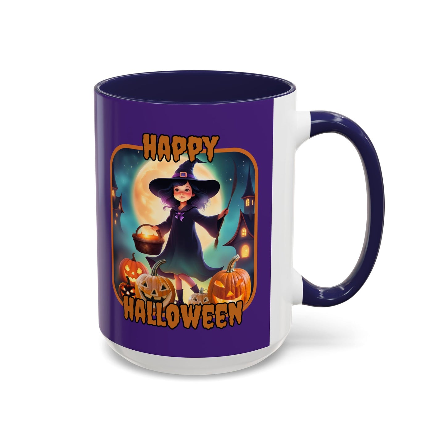 Happy Halloween Little Witch Orange font Purple Accent Mug by CreepyCrafts.boo