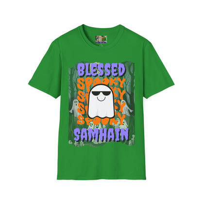 Spooky Blessed Samhain Ghost Purple font Unisex T-Shirt by CreepyCrafts.boo