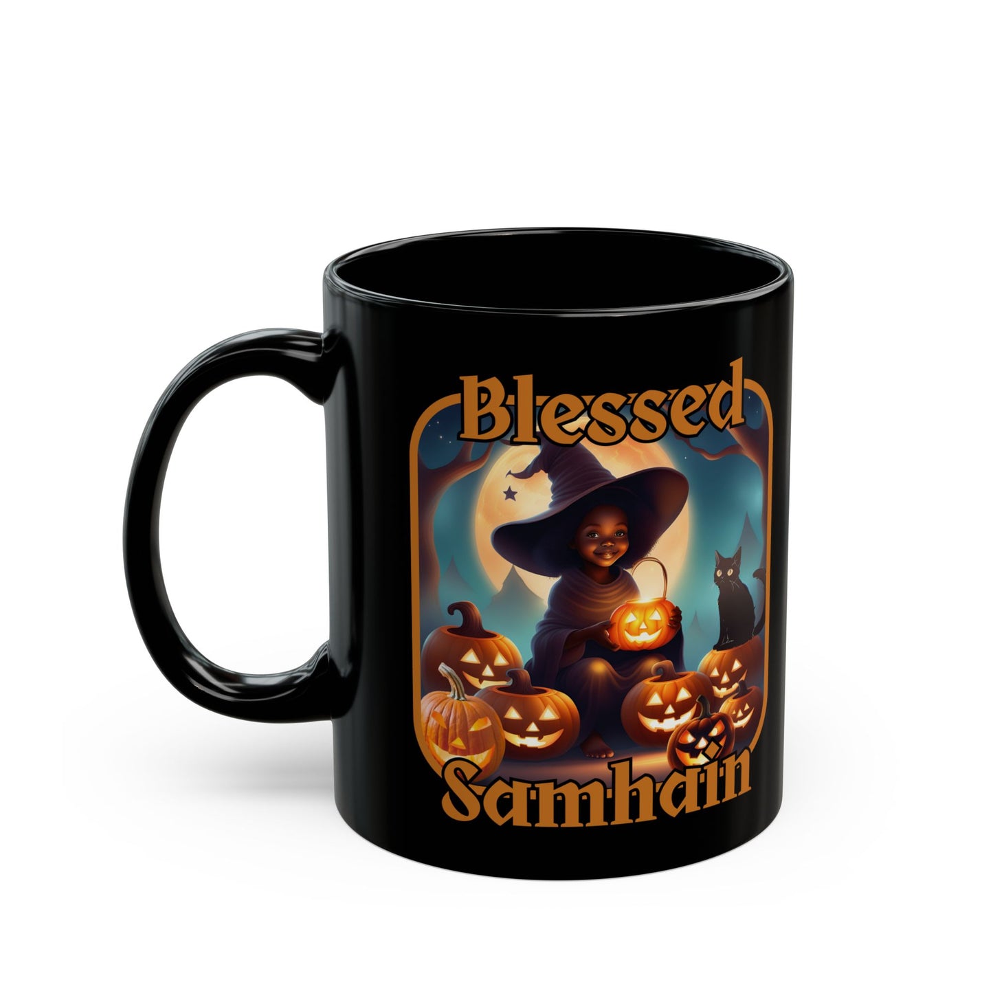Blessed Samhain Cute Witch Orange font Black Mug by CreepyCrafts.boo