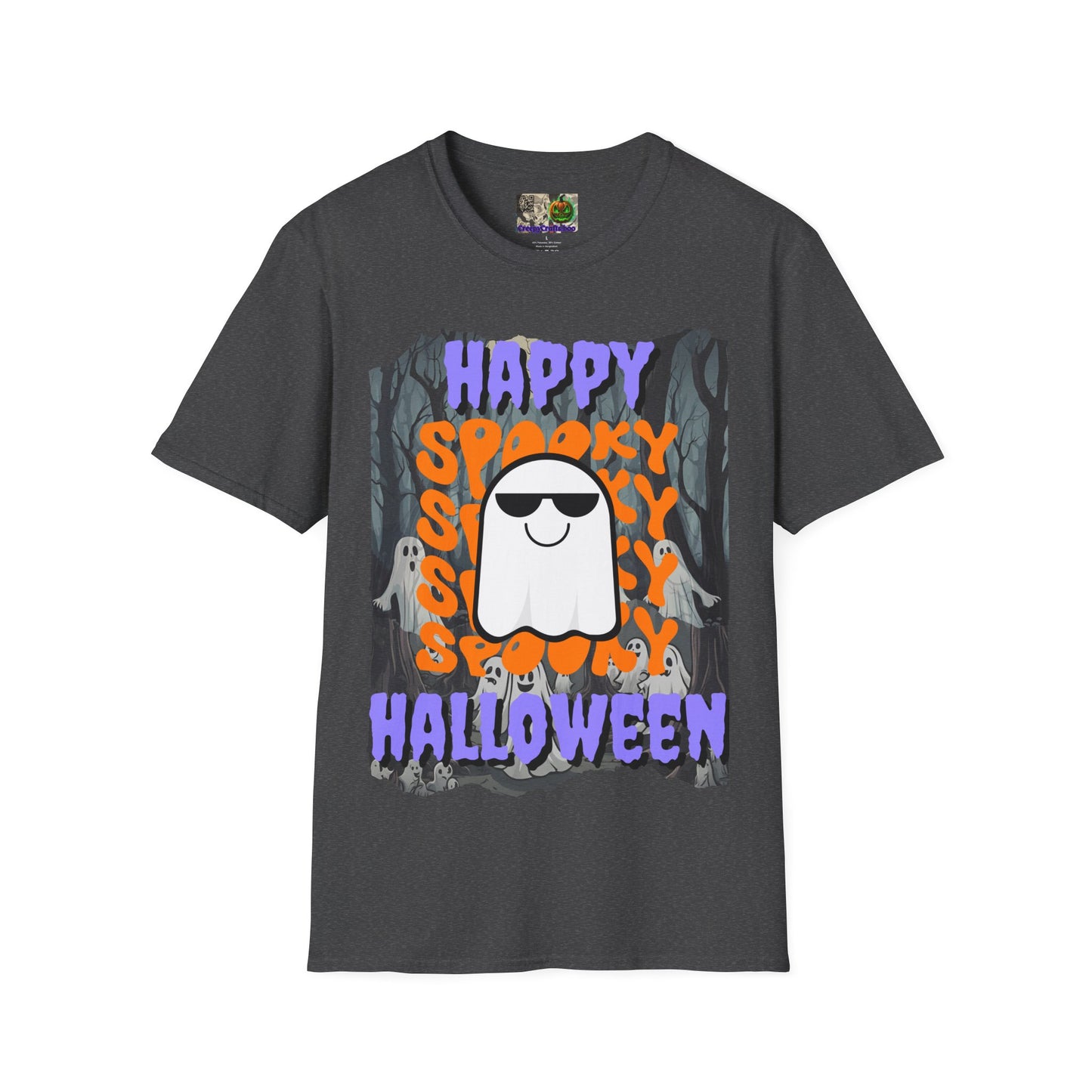 Spooky Happy Halloween Ghost Dark colors Purple font Unisex T-Shirt by CreepyCrafts.boo