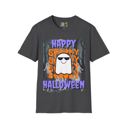 Spooky Happy Halloween Ghost Dark colors Purple font Unisex T-Shirt by CreepyCrafts.boo