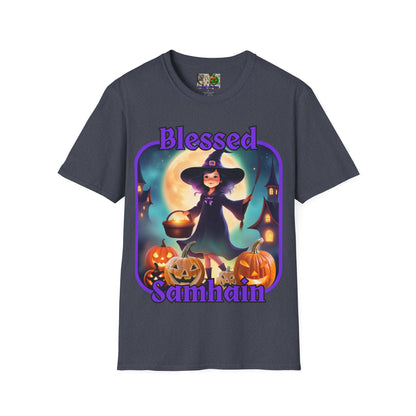 Blessed Samhain Little Witch Purple font Dark colors Unisex T-Shirt by CreepyCrafts.boo