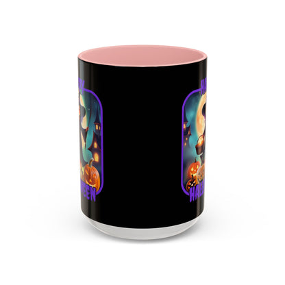 Happy Halloween Little Witch Purple font Black Accent Mug by CreepyCrafts.boo