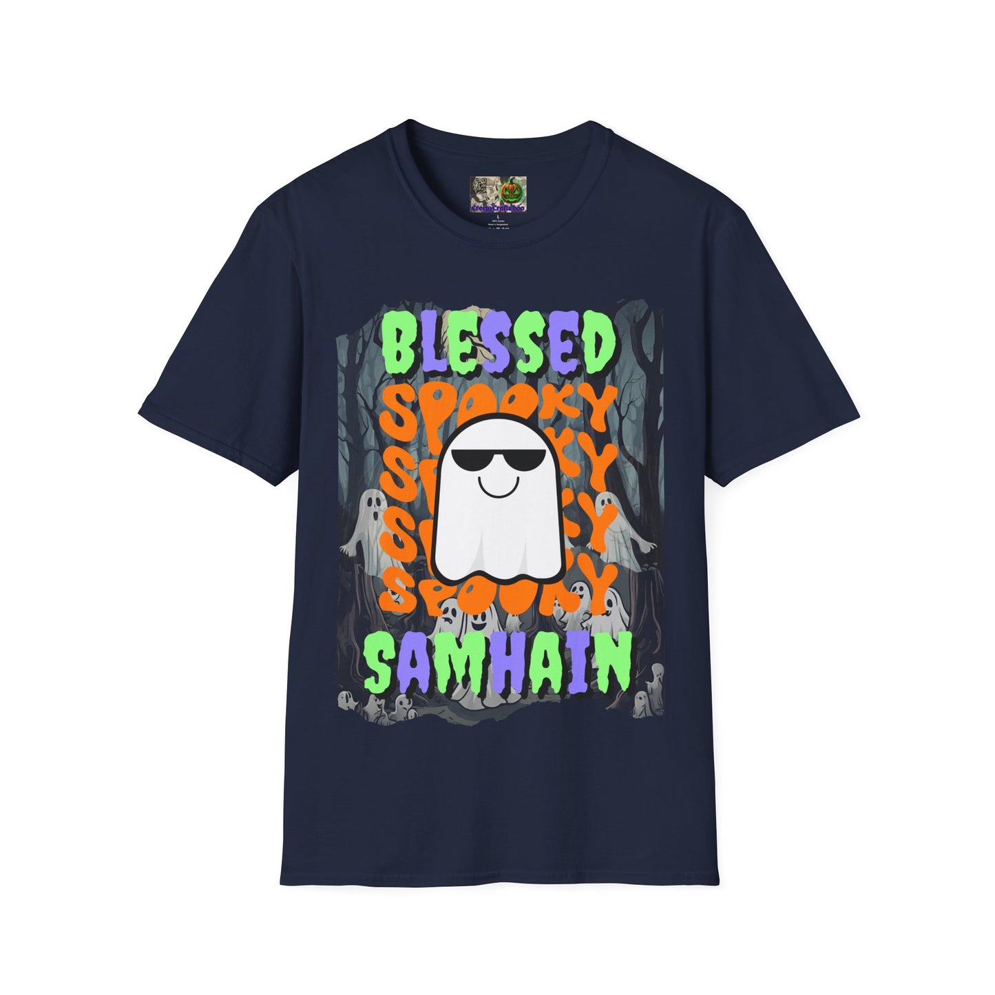 Spooky Blessed Samhain Ghost Mixed font Unisex T-Shirt by CreepyCrafts.boo