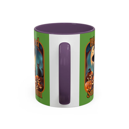 Blessed Samhain Cute Witch Orange font Green Accent Mug by CreepyCrafts.boo