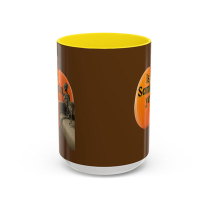 Is It Samhain Yet? Skeleton's Giant Pumpkin Brown Accent Mug by CreepyCrafts.boo