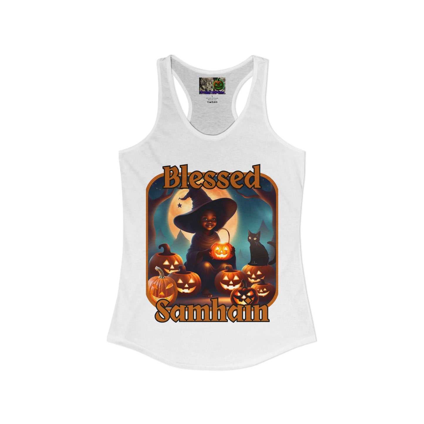 Blessed Samhain Cute Witch Orange font Women's Racerback Tank Top by CreepyCrafts.boo