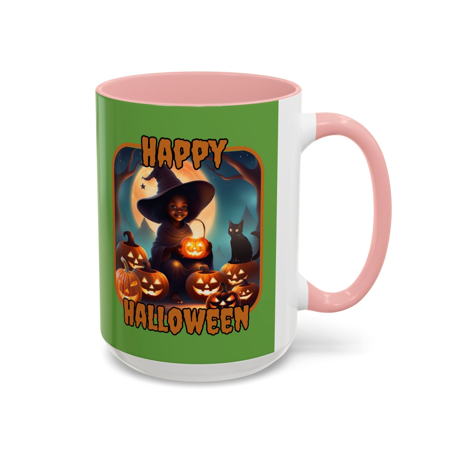 Happy Halloween Cute Witch Orange font Green Accent Mug by CreepyCrafts.boo