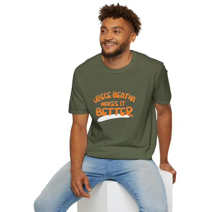 Uisce Beatha makes it better Orange font Dark colors Unisex T-Shirt by cypherpunkgear.com
