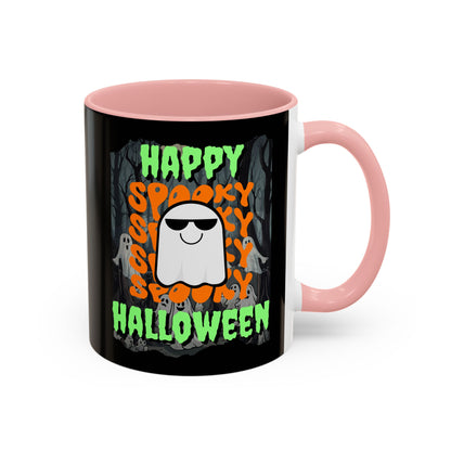 Spooky Happy Halloween Ghost Green font Black Accent Mug by CreepyCrafts.boo