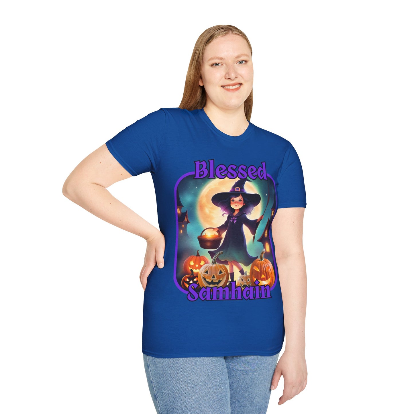 Blessed Samhain Little Witch Purple font Dark colors Unisex T-Shirt by CreepyCrafts.boo