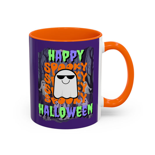 Spooky Happy Halloween Ghost Mixed font Purple Accent Mug by CreepyCrafts.boo