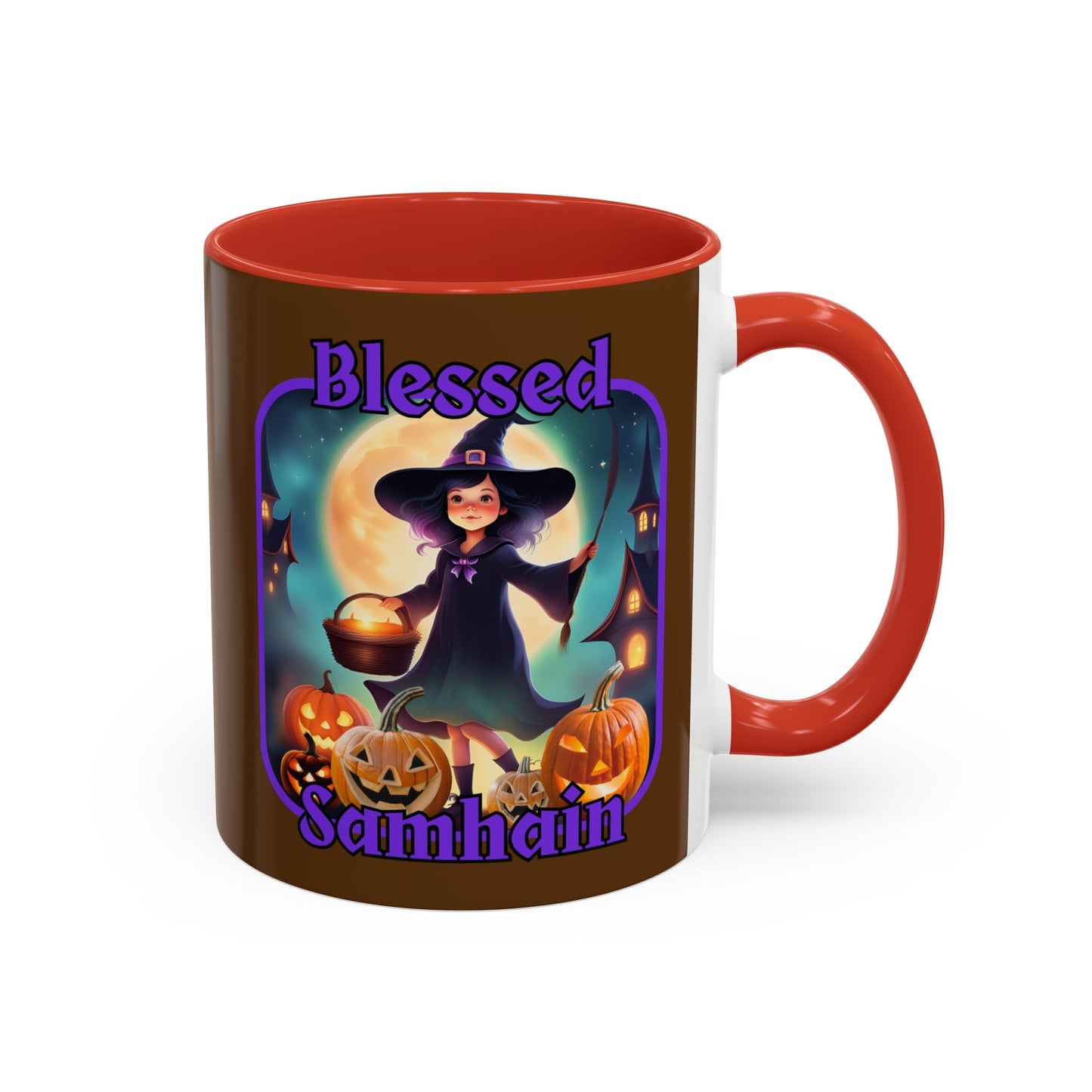 Blessed Samhain Little Witch Purple font Brown Accent Mug by CreepyCrafts.boo