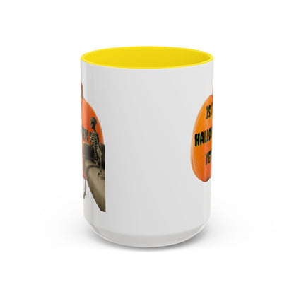 Is it Halloween yet? Skeleton's Giant Pumpkin White Accent Mug by CreepyCrafts.boo