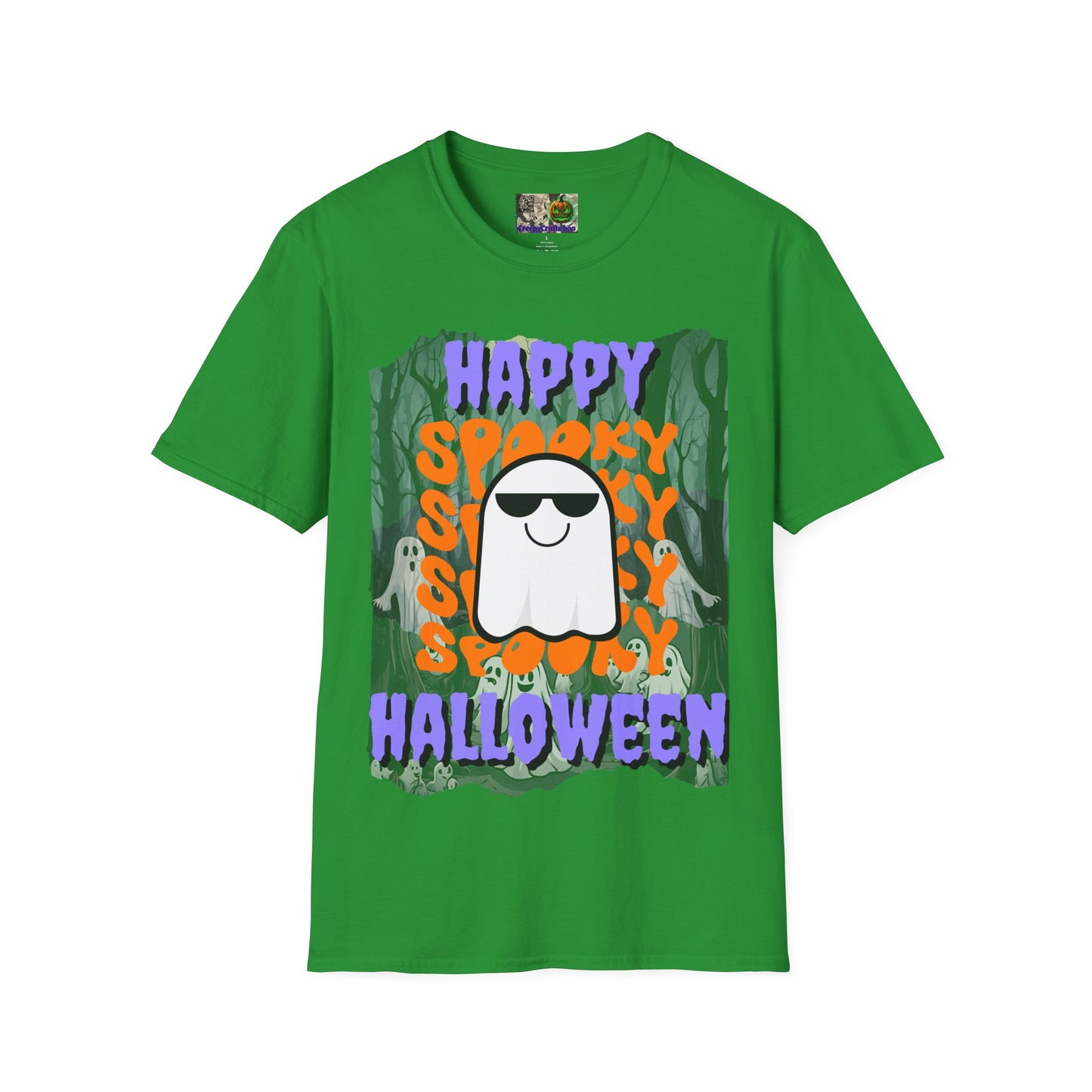 Spooky Happy Halloween Ghost Dark colors Purple font Unisex T-Shirt by CreepyCrafts.boo