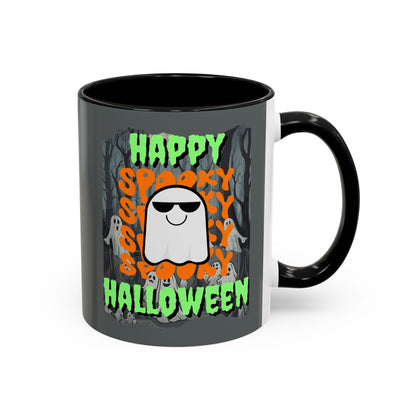 Spooky Happy Halloween Ghost Green font Grey Accent Mug by CreepyCrafts.boo