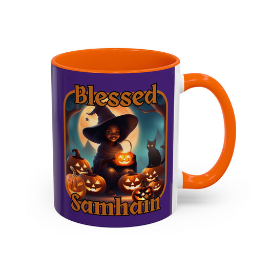 Blessed Samhain Cute Witch Orange font Purple Accent Mug by CreepyCrafts.boo