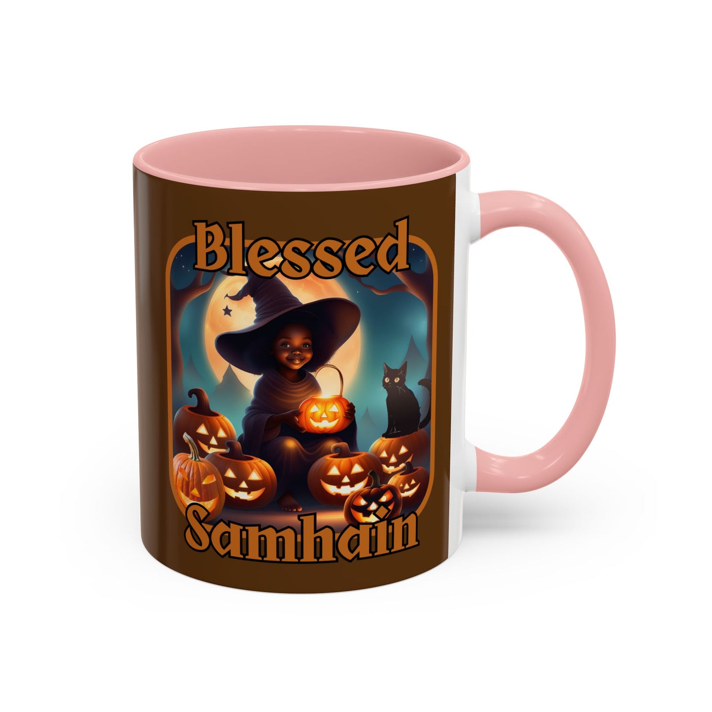 Blessed Samhain Cute Witch Orange font Brown Accent Mug by CreepyCrafts.boo