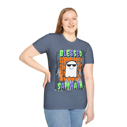 Spooky Blessed Samhain Ghost Mixed font Unisex T-Shirt by CreepyCrafts.boo
