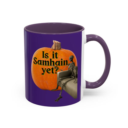 Is It Samhain Yet? Skeleton's Giant Pumpkin Purple Accent Mug by CreepyCrafts.boo