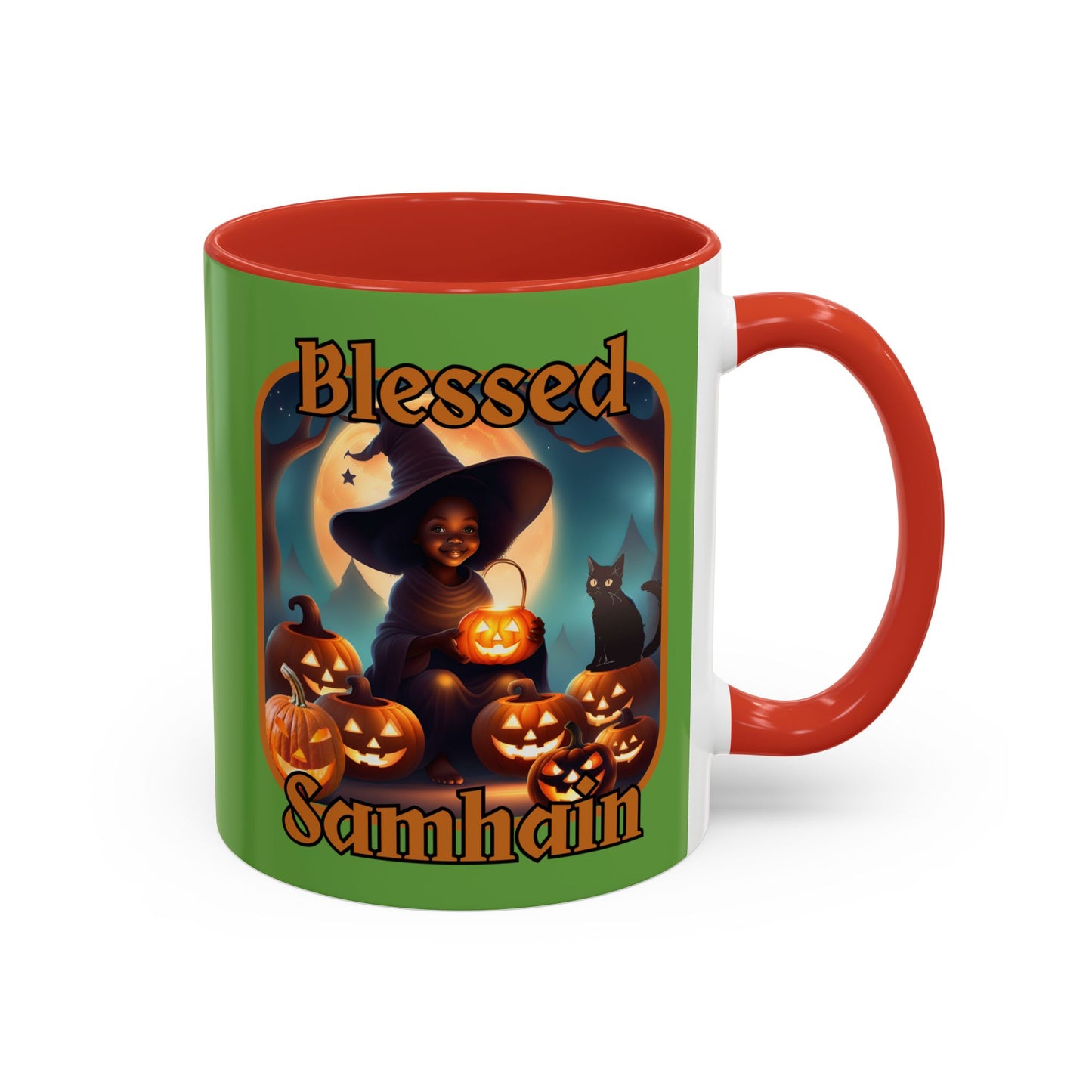 Blessed Samhain Cute Witch Orange font Green Accent Mug by CreepyCrafts.boo