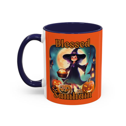 Blessed Samhain Little Witch Orange font Orange Accent Mug by CreepyCrafts.boo