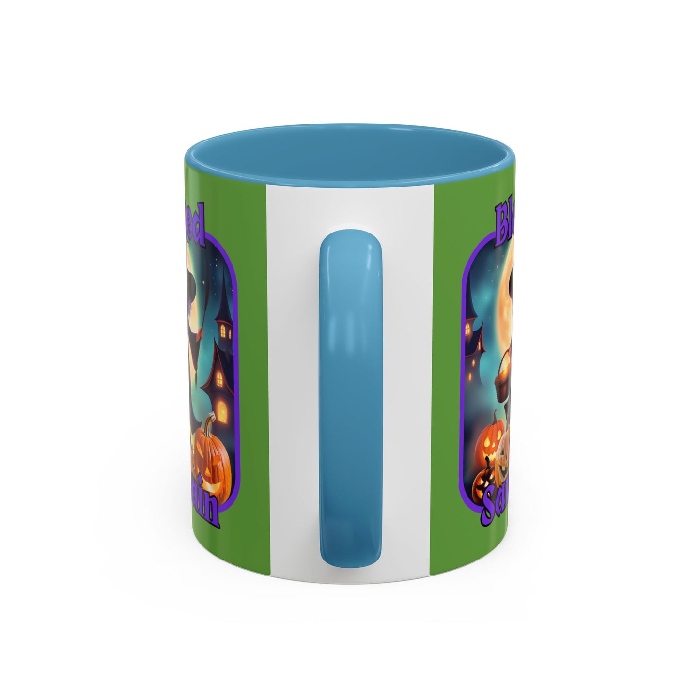 Blessed Samhain Little Witch Purple font Green Accent Mug by CreepyCrafts.boo
