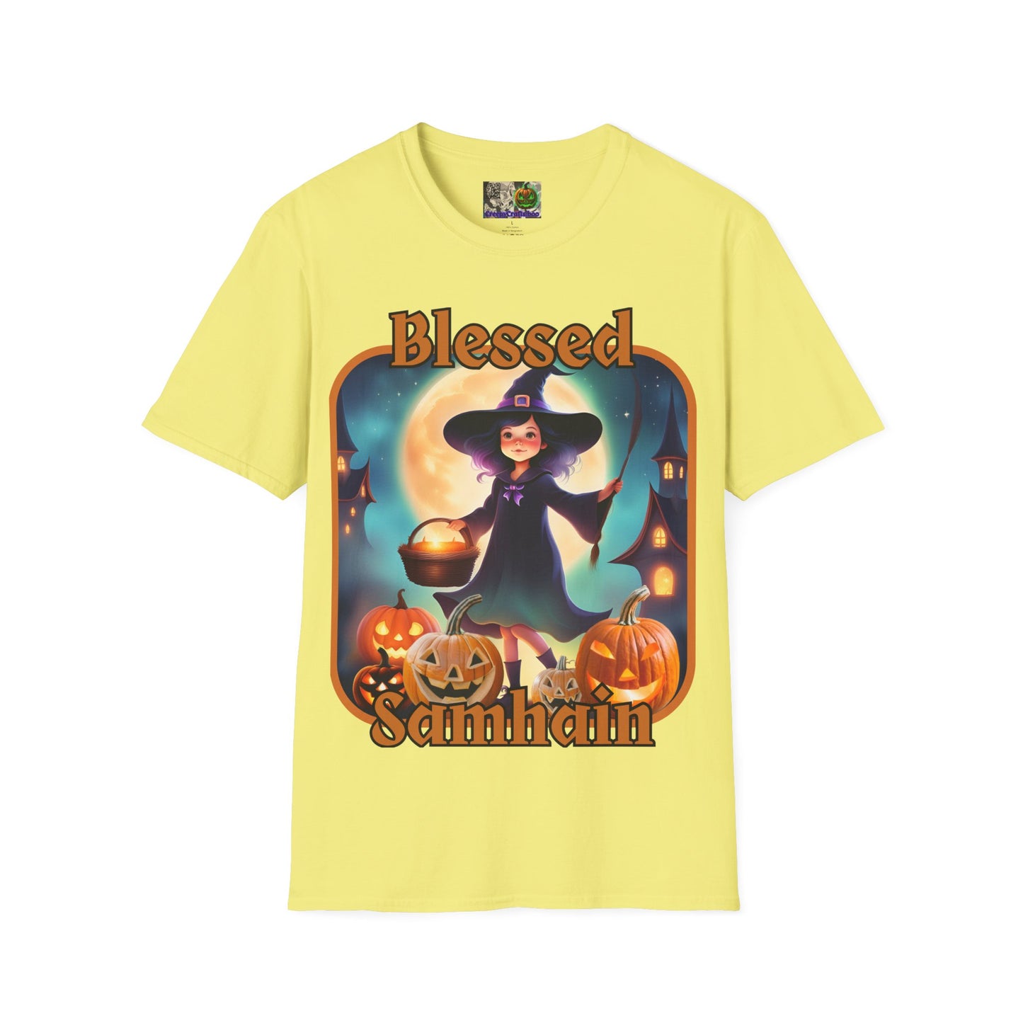 Blessed Samhain Little Witch Orange font Light colors Unisex T-Shirt by CreepyCrafts.boo