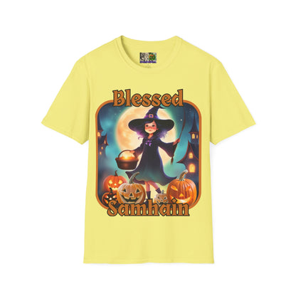 Blessed Samhain Little Witch Orange font Light colors Unisex T-Shirt by CreepyCrafts.boo