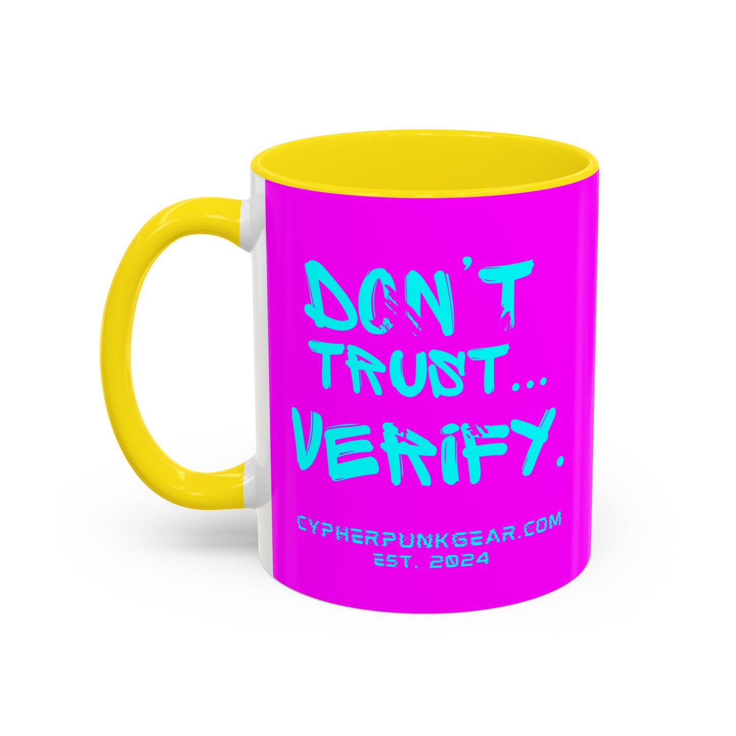 Don't Trust...Verify. Electric Magenta Accent Mug by cypherpunkgear.com