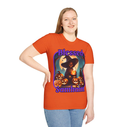 Blessed Samhain Cute Witch Purple font Light colors Unisex T-Shirt by CreepyCrafts.boo