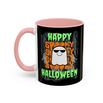 Spooky Happy Halloween Ghost Green font Black Accent Mug by CreepyCrafts.boo