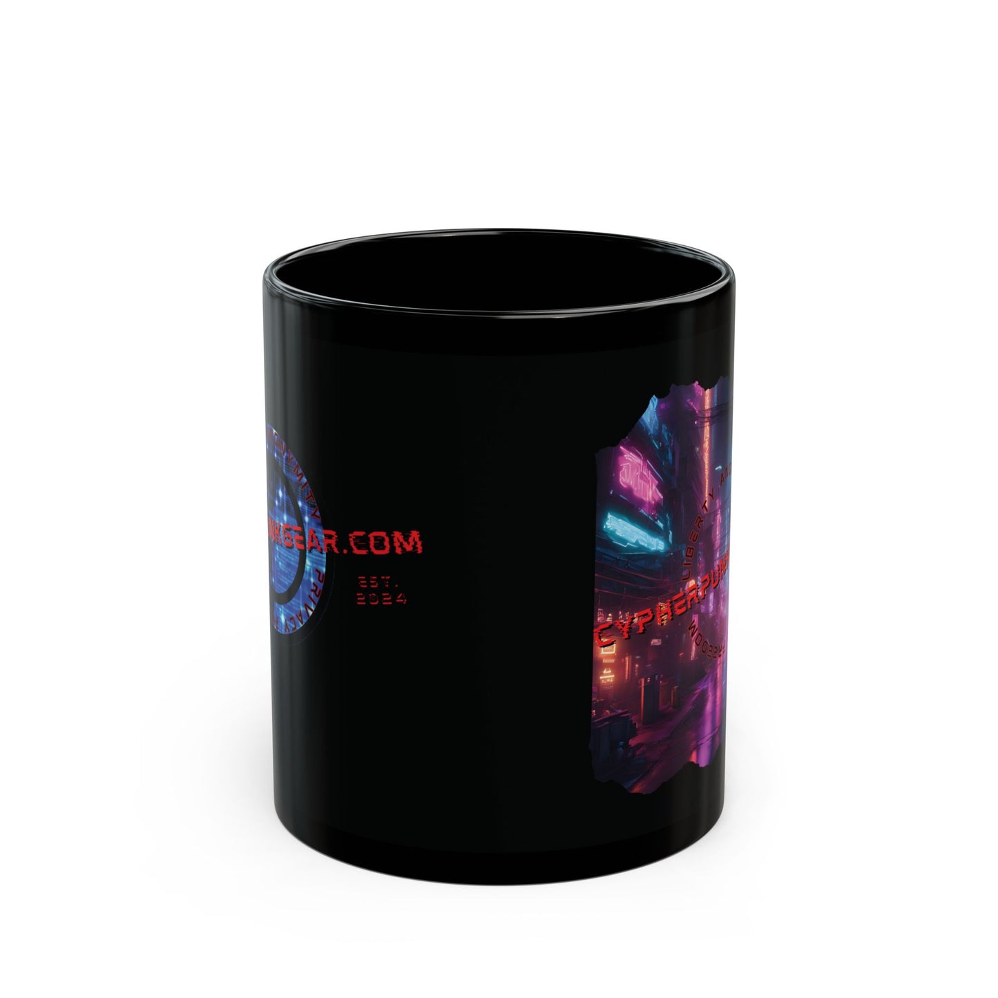 2-sided, cypherpunkgear.com Logo & Cityscape Black Mug by cypherpunkgear.com