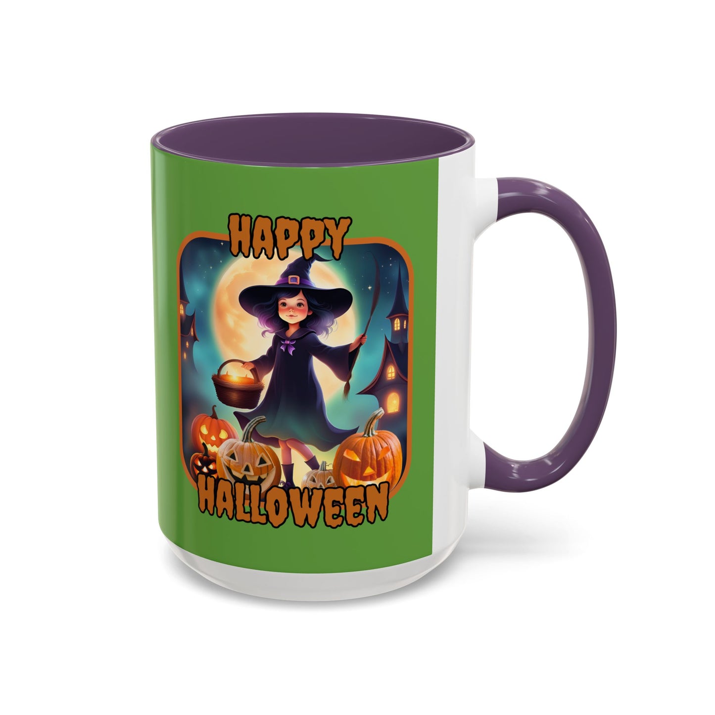 Happy Halloween Little Witch Orange font Green Accent Mug by CreepyCrafts.boo